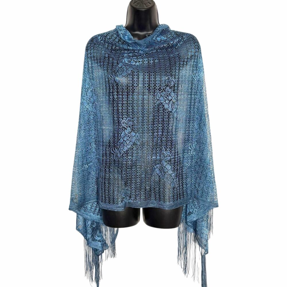 VTG 90s Blue Open Knit Poncho Fringe Shawl Wrap Crochet Floral Mermaidcore OS